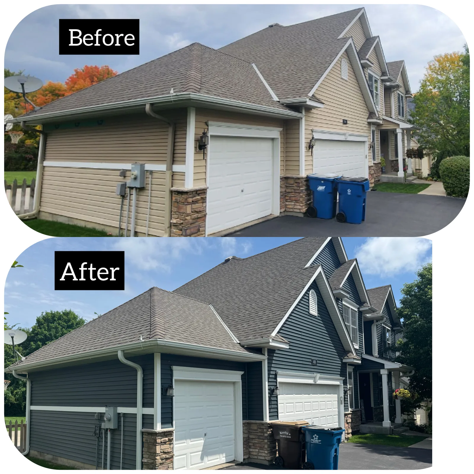 Before and after — garage and side elevation.