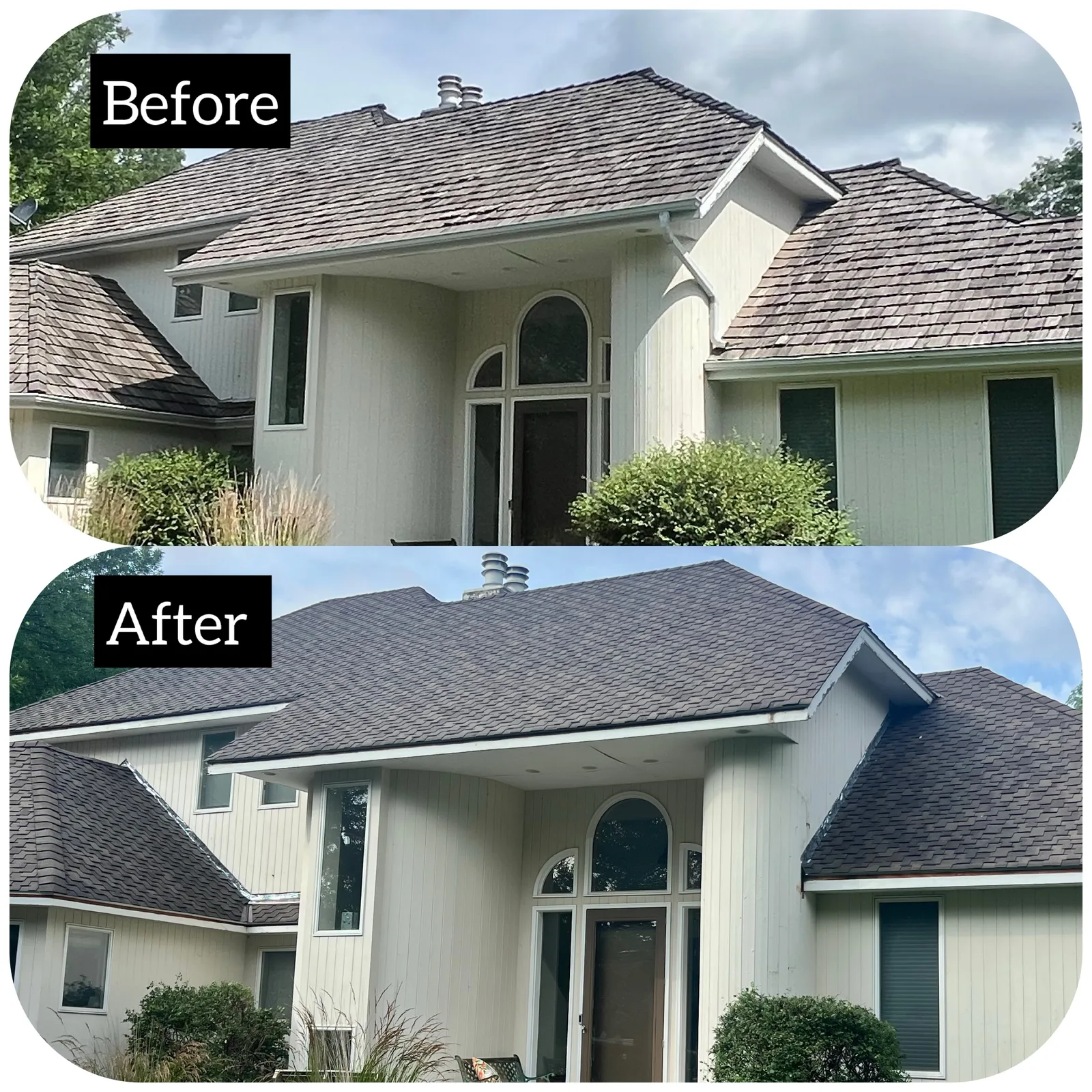 Before and after — roof above the curved front entrance.