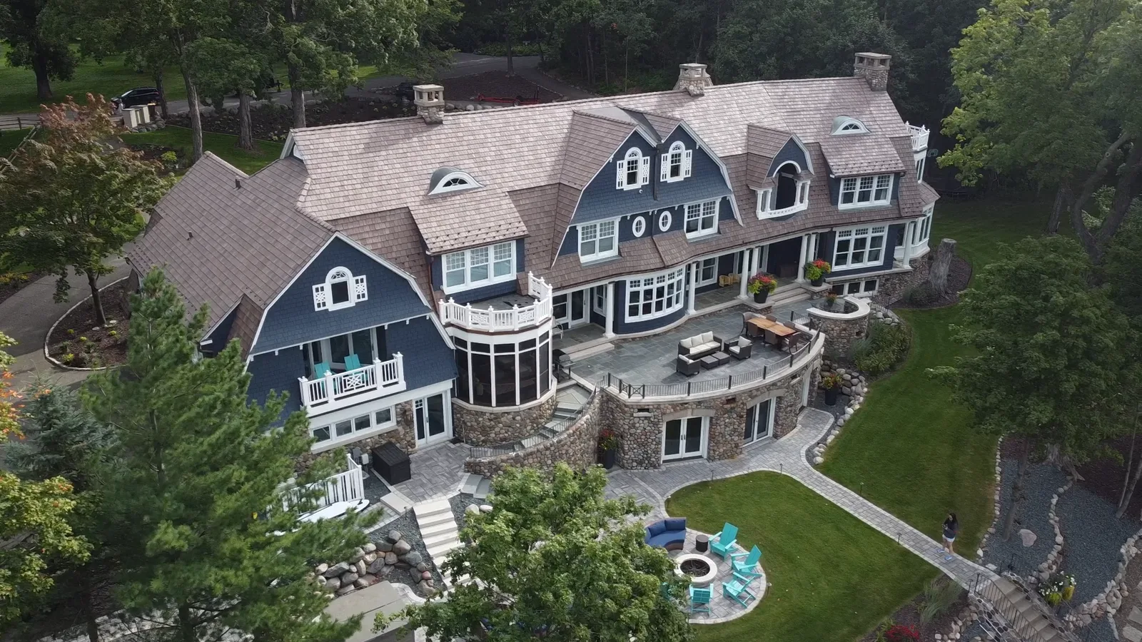 Finished roof — aerial view of the lakeside elevation.